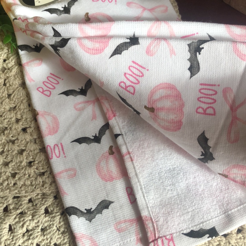 Pink Pumpkin & Bat Print Halloween BOO Kitchen Towels - Picture 5 of 6